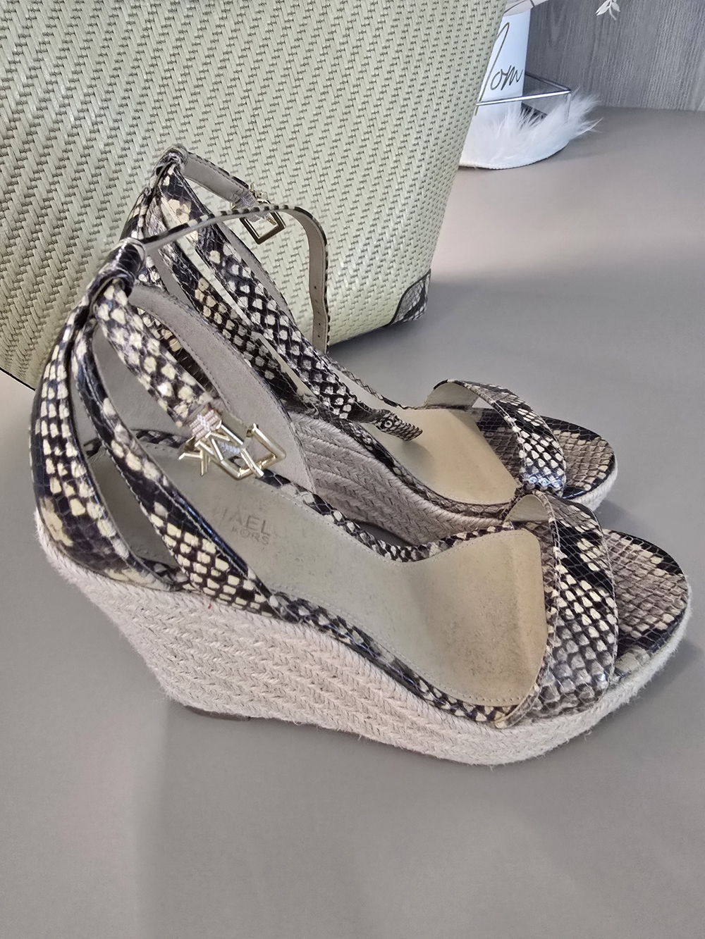 Michael Kors Collection Black and Cream Snake-Print Wedge Sandals